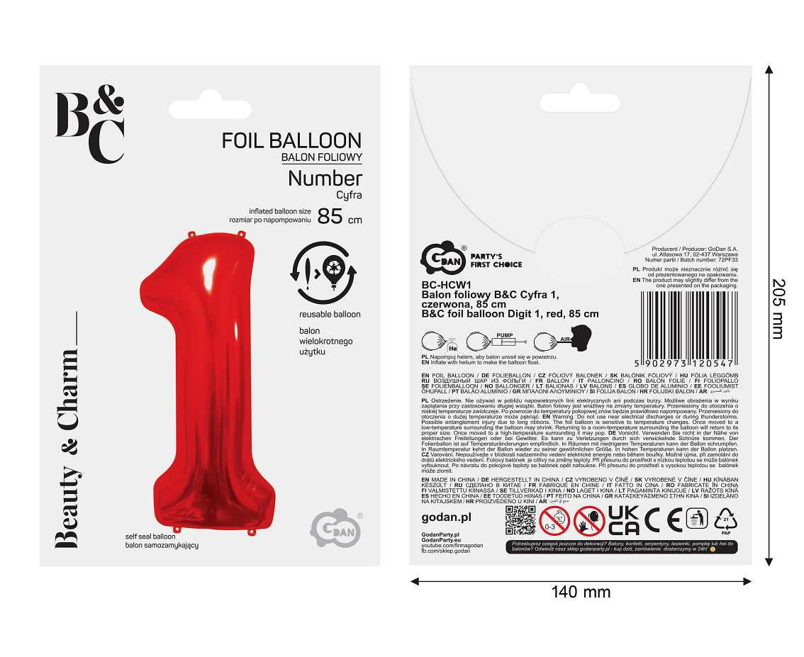 Foil balloon number 1, red, 85 cm